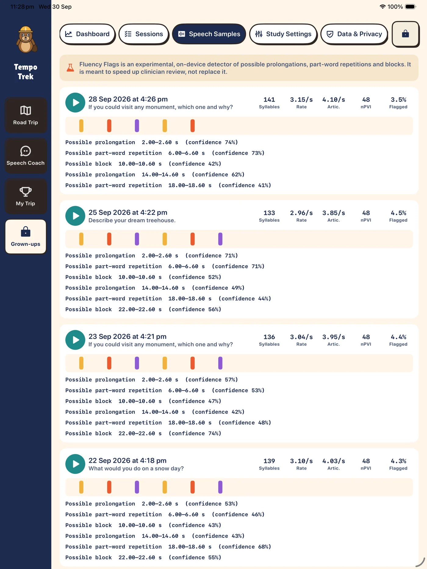 Speech samples list with syllable counts, speech rate, articulation rate, nPVI and a timeline of flagged events