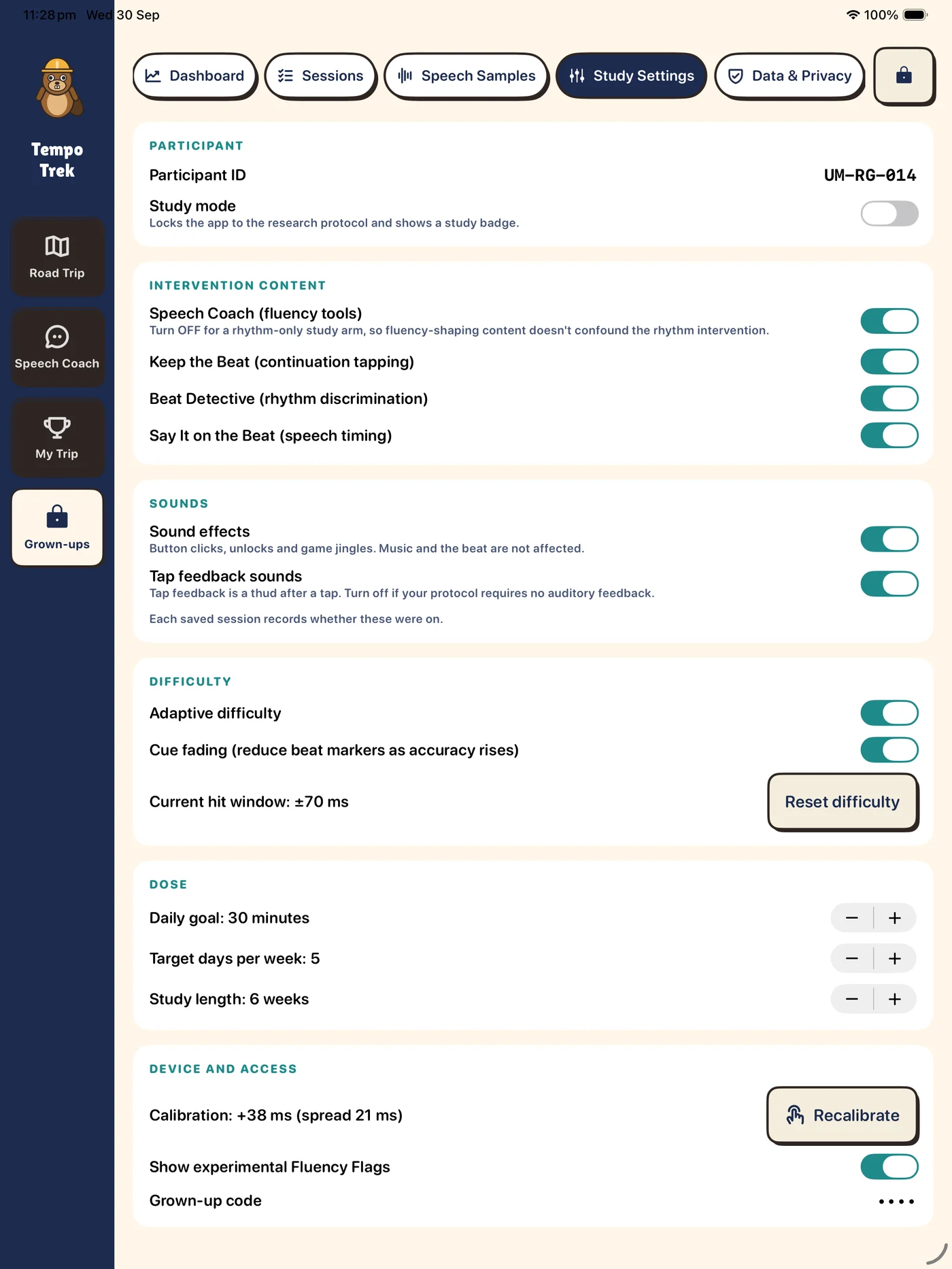Study settings screen with a study mode switch, module switches, difficulty controls, dose settings and a switch for experimental Fluency Flags