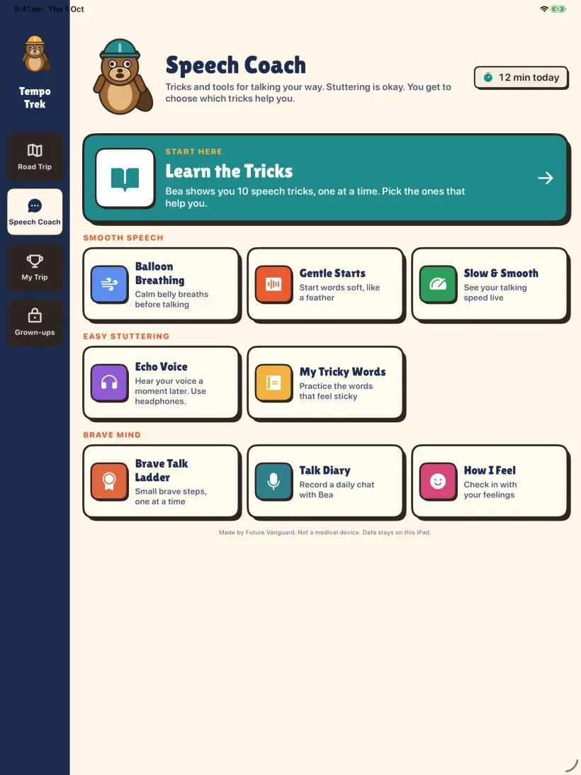 Speech Coach home screen with lesson tiles for belly breathing, gentle starts, slow and smooth speech and more