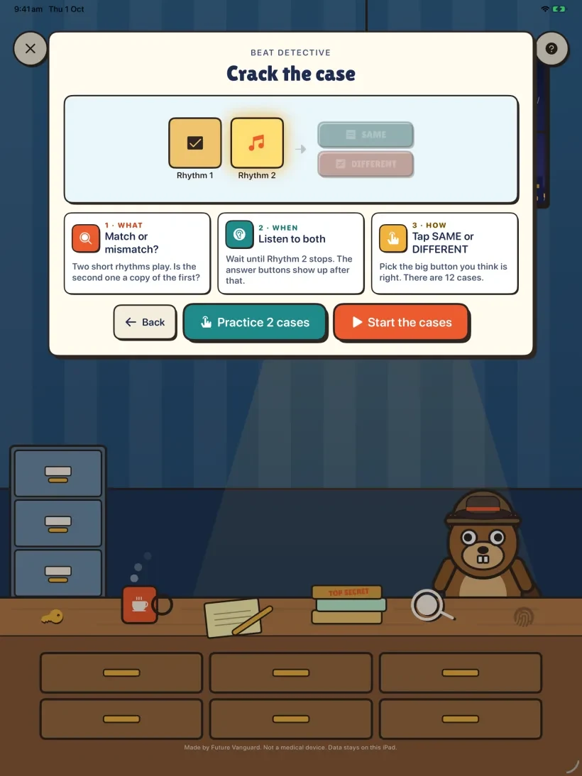 Beat Detective: the child listens to two rhythms and decides whether they are the same or different