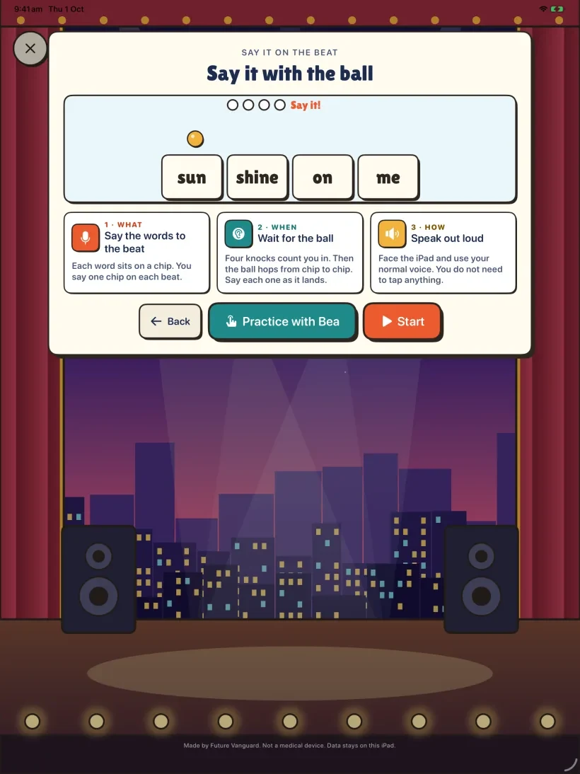 Say It on the Beat: four words on screen, one per beat, with a count-in
