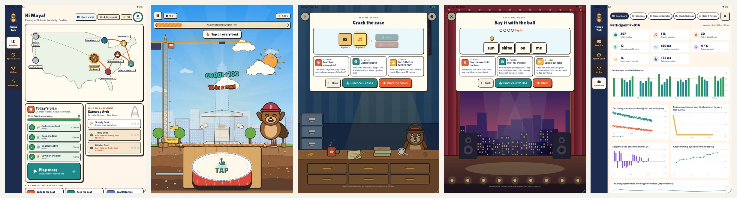 Overview of Tempo Trek screens: today's plan and road trip map, Build to the Beat, Beat Detective, Say It on the Beat and the researcher dashboard